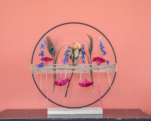 Droogbloem cirkel op standaard groot Blue/Pink