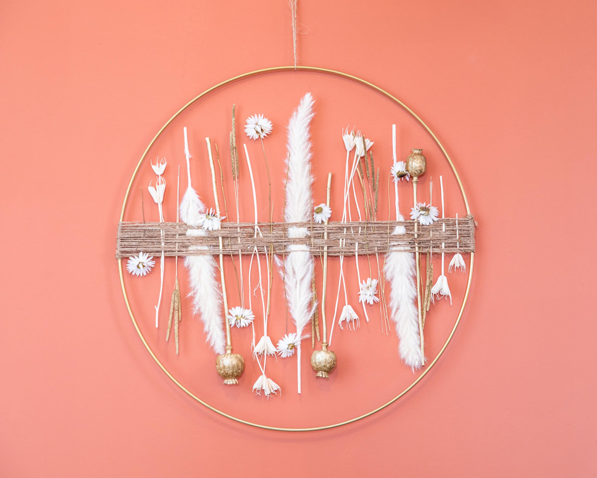 Droogbloem hanger Cirkel Goud 50cm White/Gold
