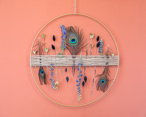 Droogbloem cirkel hanger Goud 50 cm   Blue /Peacock