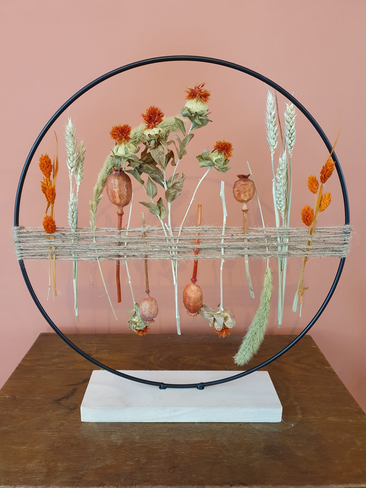 Droogbloem cirkel op standaard groot Orange/Green